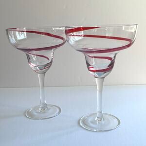 Pier 1 Imports Red Swirline Margarita Glasses Set of 2 Handblown Clear & Red